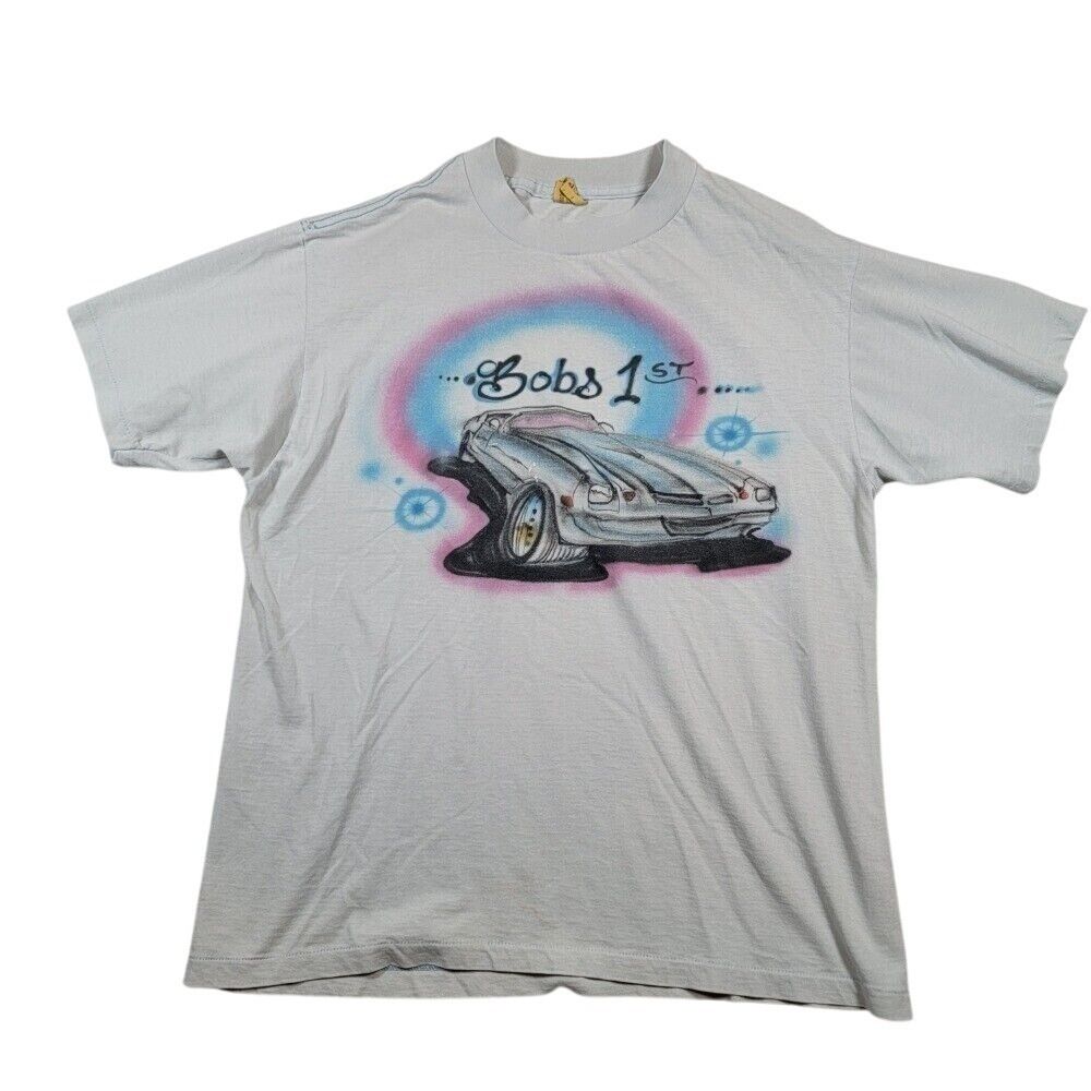 VTG Car Shirt Sz XL Light Blue Graphic Single Stitch Made in the USA Bob's First